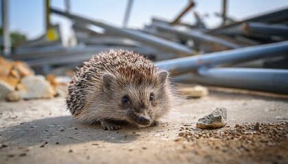 Lonely scene of a hedgehog wandering around with no place to go near a construction site