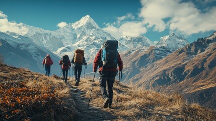 Obraz premium Group of hikers trekking up a rugged mountain trail, backpacks and walking sticks in hand, surrounded by breathtaking landscapes of rocky cliffs