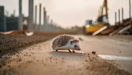 Lonely scene of a hedgehog wandering around with no place to go near a construction site