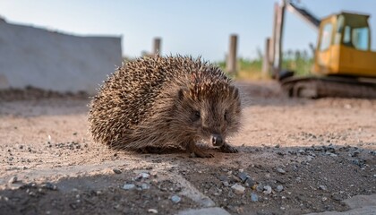 Lonely scene of a hedgehog wandering around with no place to go near a construction site