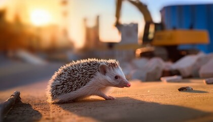 Lonely scene of a hedgehog wandering around with no place to go near a construction site