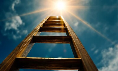 Wooden ladder ascending towards bright sun in a blue sky.
