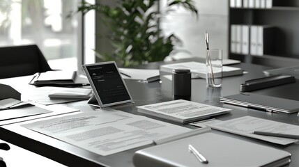 Document management and collaboration at a sleek, modern desk, papers and digital devices scattered