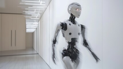 A humanoid AI robot in motion, displaying the next evolution of artificial intelligence in the digital world of the future.