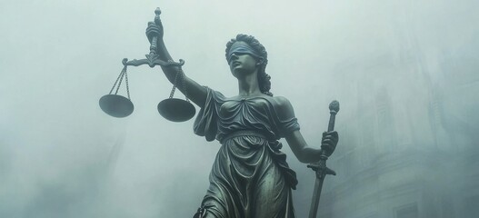 Naklejka premium the Statue of Justice holding scales and a sword, with an empty background The statue is made from bronze or marble, with intricate details on its face and hands Generative AI