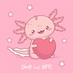 Cute Romantic Axolotl hugs big heart. Little festive cartoon pink kawaii character. Vector illustration. Holiday postcard valentine