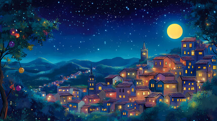 Luminous cityscape under a starry night sky illusion. Celestia. Illustration