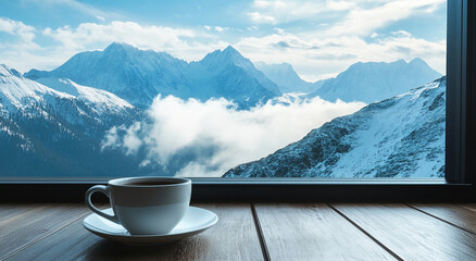 Enjoying a warm cup of coffee while admiring the breathtaking snowy mountain view through a large...