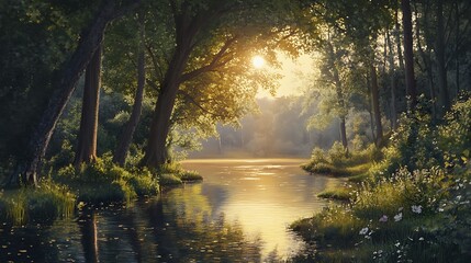 Obraz premium A serene riverside scene at sunset, showcasing nature's beauty and tranquility.