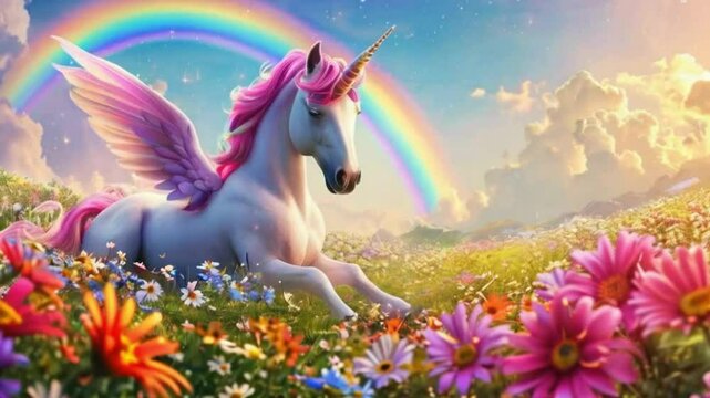 Unicorn's Rainbow Realm: A magical unicorn prancing in a field of flowers under a radiant rainbow.
