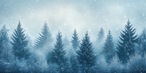 Obraz premium Wintery Coniferous Forest Scene, Snowy Trees in Depth with Blue Sky Backdrop, Digital Illustration