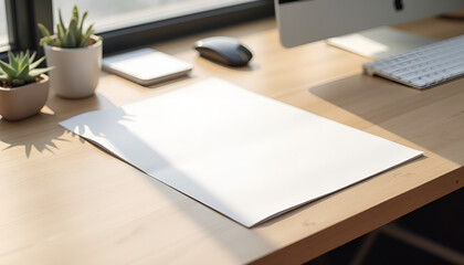 Blank sheet of paper on a modern wooden desk with a computer and plants for a workspace setup, A4 paper mockup on desk
