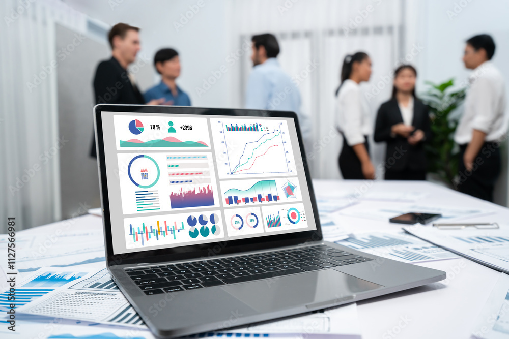 Poster analytic database by bi fintech dashboard displayed on laptop for analyzed financial data on blur ba