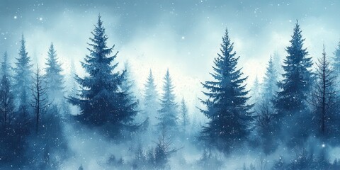 Fototapeta premium Winter Forest Landscape, Coniferous Trees, Snow-covered, Misty, Blue & White Palette, Serene Environment, Stock Photography