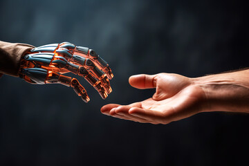 A robotic hand reaching out to connect with a human hand, symbolizing the merging of technology and humanity. The image captures the essence of innovation, collaboration. Hr concept