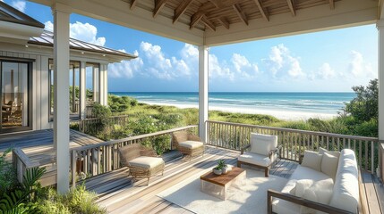 Beach house with a spacious deck.