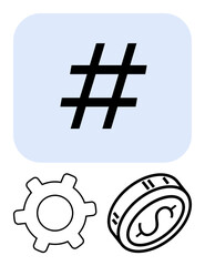 Obraz premium metadata tag symbol in blue square with gear and dollar coin below, showcasing social media, technology, and finance. Ideal for marketing, business, social networks, fintech, online communities