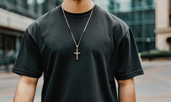 A man stands confidently in a stylish black t-shirt, showcasing urban fashion with a cross necklace against a contemporary city backdrop