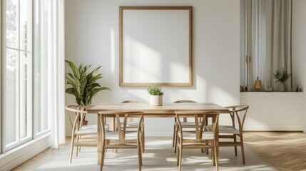 Bright dining room with an empty frame on the wall