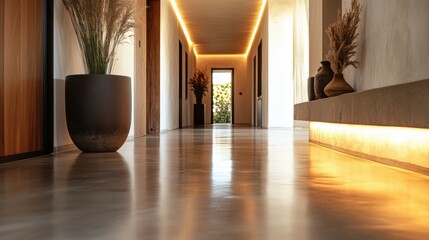 Bright hallway with polished concrete flooring and stylish decor