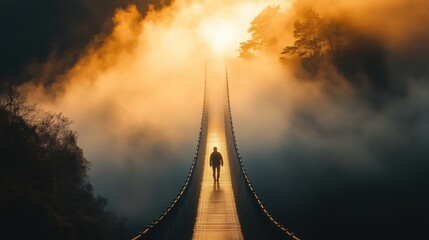 Fototapeta premium Mensch auf einer Hängebrücke im Nebel
