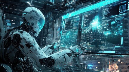 AI in Data Center Operations - IT specialists using AI tools for managing and optimizing operations in a high-tech data center.