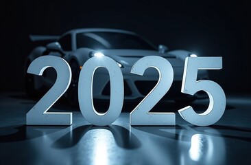 The number 2025 against the background of a sports car, dark background