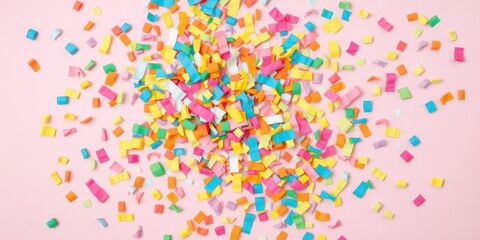 Colorful paper confetti exploding on pastel pink background with vibrant colors and celebration theme, multicolor