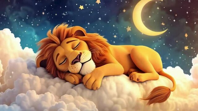 Lion's Dreamy Clouds: A majestic lion sleeping peacefully on soft clouds under a starry sky.
