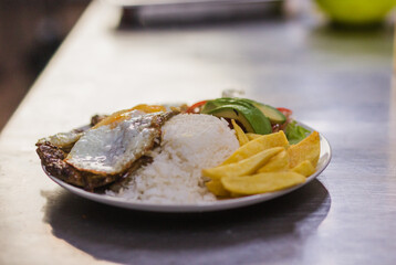 Churrasco ecuatoriano, traditional Portoviejo, Manabi food, no people background with copy space