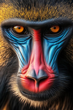 Close-up portrait of a colorful mandrill with vibrant hues