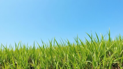 Lush green grass contrasting against a clear blue sky, perfect for peaceful nature scenes, landscape, scenic