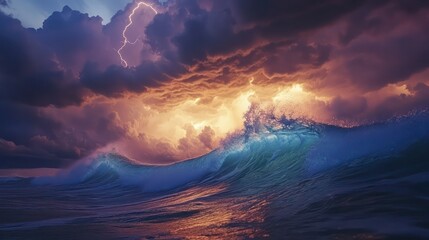 Large ocean waves rolling under a thunderstorm, lightning illuminating dark, ominous clouds above.