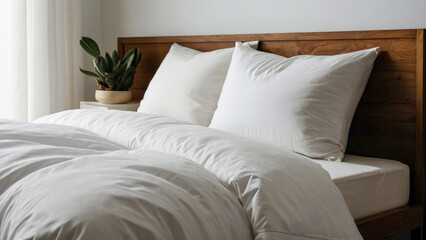 Cozy bed setup, white sheets, brown wood headboard, sunlight, cactus decor, peaceful minimalist vibe