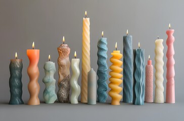 Assorted colorful spiral and textured candles lit against gray background