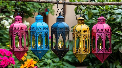 Colorful Moroccan lanterns hanging outdoors.