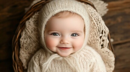 Happy baby girl in cream knitted outfit, wicker basket.