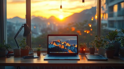 Naklejka premium A cozy workspace with a laptop and plants, overlooking a sunset view.