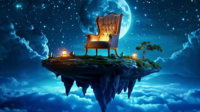 Sky Island Throne: A majestic chair atop a floating island under a starry night.
