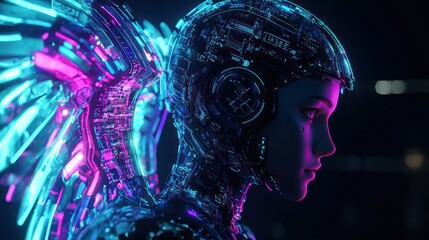 An angelic cyborg concept, with neon lights and futuristic designs, representing the fusion of AI, NFTs, and blockchain technologies in the digital world.