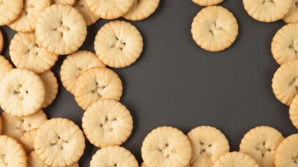 Salted baked round crackers arranged in a full frame background, saltiness