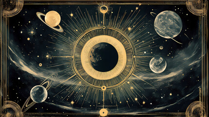 Celestial zodiac sticker design with planetary orbits for shirt or apparel. Celestia. Illustration