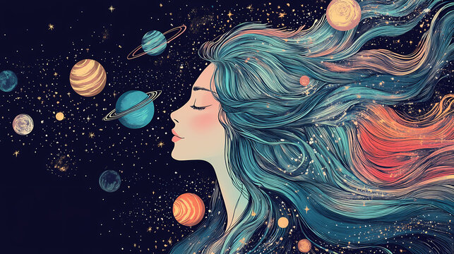 Celestial zodiac sticker design with planetary orbits for shirt or apparel. Celestia. Illustration