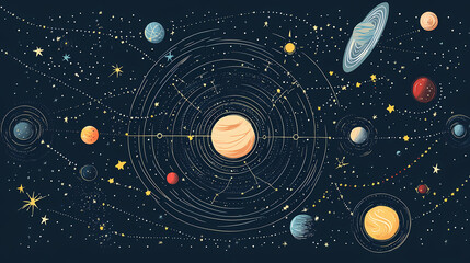 Obraz premium Celestial zodiac sticker design with planetary orbits for shirt or apparel. Celestia. Illustration