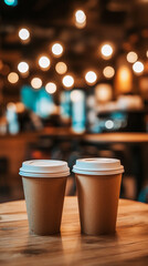 Warm coffee cups on a wooden table in a cozy cafe with soft, glowing lights in the background during late afternoon