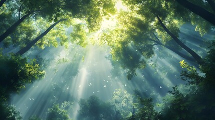 Fototapeta premium Sunbeams breaking through the fresh green treetops