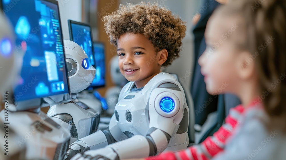 Wall mural children learning how to code alongside robots, a fun and educational experience blending human curi