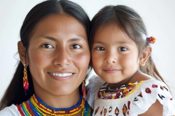 Heartfelt Portrait of Indigenous South American Mother Embracing Her Daughter, Celebrating Tenderness and Diversity