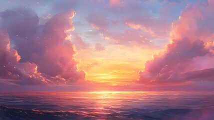 Fototapeta premium Sunset over an ocean with gold and pink clouds