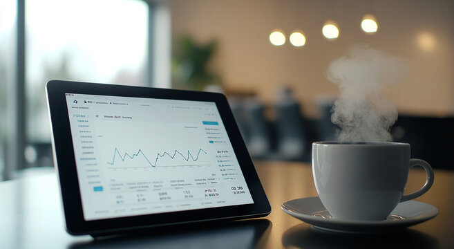 Business person analyzing financial data on tablet while enjoying coffee in a modern workspace